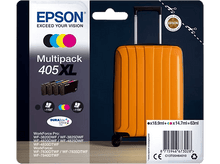 Charger l&#39;image dans la galerie, Multipack de cartouches d&#39;encre Epson à côté d&#39;une valise orange, avec texte et logos.
