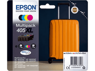 Multipack de cartouches d'encre Epson à côté d'une valise orange, avec texte et logos.