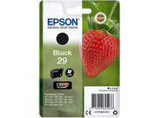 Emballage de la cartouche d'encre Epson Black 29 avec une fraise et un échantillon d'encre noire.