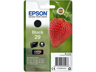Emballage de la cartouche d'encre Epson Black 29 avec une fraise et un échantillon d'encre noire.