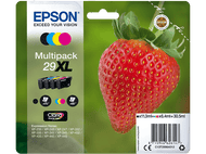 Paquet de cartouches d'encre Epson avec une fraise, montrant les cartouches et les détails du produit.