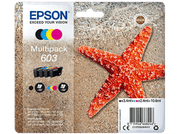 Pack de cartouches d'encre Epson avec cartouches d'encre et une étoile de mer sur une plage de sable.