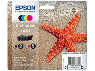 Pack de cartouches d'encre Epson avec cartouches d'encre et une étoile de mer sur une plage de sable.