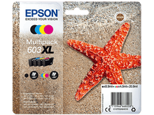 Charger l&#39;image dans la galerie, Paquet de cartouches d&#39;encre Epson avec 4 couleurs, une étoile de mer et une plage de sable en arrière-plan.
