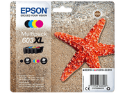 Paquet de cartouches d'encre Epson avec 4 couleurs, une étoile de mer et une plage de sable en arrière-plan.