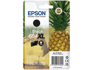 Cartouche d'encre noire Epson. Ananas avec cartouche, texte et logo Epson sur fond blanc.