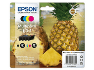Pack de cartouches d'encre Epson avec des ananas. Les cartouches sont noires, cyan, magenta et jaunes.