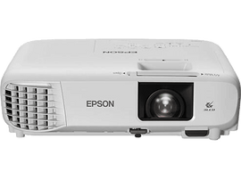 Projecteur Epson blanc. Vue de face montrant lentille, ventilation et logo.
