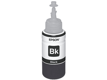 Bouteille d'encre noire pour imprimante Epson avec une étiquette noire.