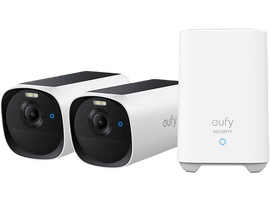 Deux caméras de sécurité blanches, lentilles noires, et une station de base blanche.