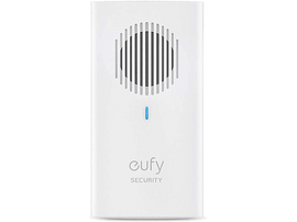 Appareil eufy Security blanc avec haut-parleur et lumière bleue. Fond blanc.