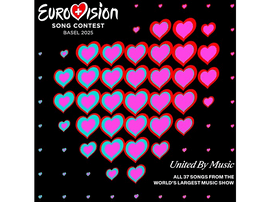 Logo du Concours Eurovision de la Chanson 2025, avec des cœurs en forme de cœur sur fond noir.