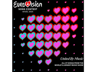 Logo du Concours Eurovision de la Chanson 2025, avec des cœurs en forme de cœur sur fond noir.