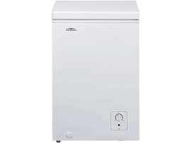 Congélateur coffre blanc avec un cadran de contrôle et le logo 