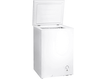 Charger l&#39;image dans la galerie, Congélateur coffre blanc, porte ouverte, montrant l&#39;intérieur et un panier.
