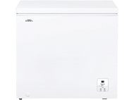 Un congélateur coffre blanc avec un panneau de contrôle en bas à droite et le logo Everglade.