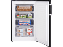 Charger l&#39;image dans la galerie, Congélateur ouvert avec divers aliments surgelés dans des tiroirs : pain, légumes, crème glacée.
