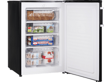 Charger l&#39;image dans la galerie, Congélateur noir avec porte ouverte, révélant des tiroirs de produits surgelés. Intérieur blanc.
