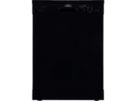 Lave-vaisselle noir avec panneau de contrôle, boutons et logo Everglades en façade.