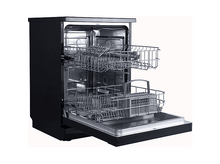 Charger l&#39;image dans la galerie, Lave-vaisselle noir avec la porte ouverte, montrant deux paniers pour la vaisselle.

