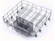 Charger l&#39;image dans la galerie, Panier de lave-vaisselle. Gris métallique, avec un panier à couverts. Fond blanc.
