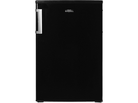 Réfrigérateur noir sur fond noir, avec une poignée argentée et un logo.