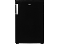 Réfrigérateur noir sur fond noir, avec une poignée argentée et un logo.