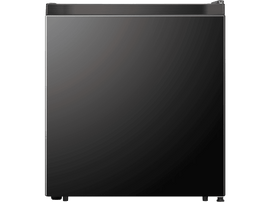 Un réfrigérateur noir avec une porte gris foncé et un dessus en acier inoxydable. La porte est brillante.