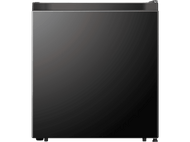 Un réfrigérateur noir avec une porte gris foncé et un dessus en acier inoxydable. La porte est brillante.