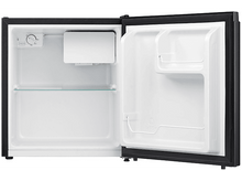 Charger l&#39;image dans la galerie, Un petit réfrigérateur noir ouvert avec un congélateur, une étagère et des compartiments de rangement à l&#39;intérieur.
