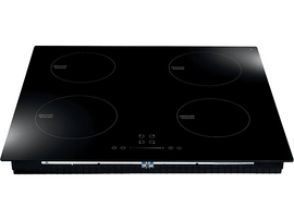 Table de cuisson à induction noire avec quatre brûleurs circulaires et commandes tactiles.