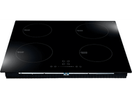 Table de cuisson à induction noire avec quatre brûleurs circulaires et commandes tactiles.