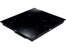 Charger l&#39;image dans la galerie, Table de cuisson à induction noire avec quatre zones de cuisson circulaires et commandes tactiles.
