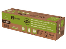 Charger l&#39;image dans la galerie, Boîte de rouleaux de papier thermique étiquetés &#39;sumup&#39;. La boîte est marron et verte avec du texte.
