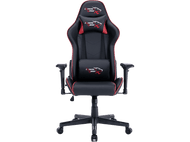 Chaise gaming, noire avec des touches de rouge. Avec appuie-tête, support lombaire et accoudoirs. Base noire avec roulettes.