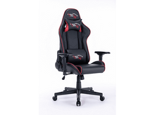 Charger l&#39;image dans la galerie, Chaise gaming noire et rouge sur fond blanc. La chaise a un logo.
