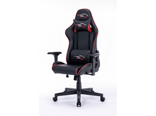 Charger l&#39;image dans la galerie, Chaise gaming noire et rouge avec appui-tête et support lombaire. Fond blanc.
