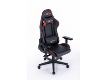 Charger l&#39;image dans la galerie, Chaise de jeu noire et rouge, avec support lombaire et pour la tête, sur fond blanc.
