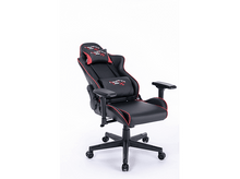 Charger l&#39;image dans la galerie, Une chaise de jeu noire et rouge sur fond blanc.
