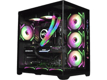 Charger l&#39;image dans la galerie, Un boîtier PC avec des composants internes éclairés par des lumières colorées.

