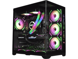 Un boîtier PC avec des composants internes éclairés par des lumières colorées.