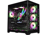 Un boîtier PC avec des composants internes éclairés par des lumières colorées.