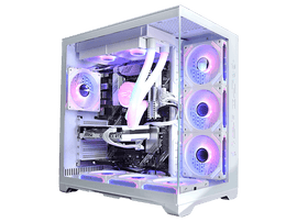 Boîtier PC blanc avec composants internes illuminés par des lumières colorées. Ventilateurs, carte mère et carte graphique visibles.