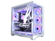 Boîtier PC blanc avec composants internes illuminés par des lumières colorées. Ventilateurs, carte mère et carte graphique visibles.