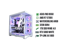 Charger l&#39;image dans la galerie, Un PC de jeu blanc avec des ventilateurs LED et des composants, dont ASUS/MSI B550, AMD R7 5700X et RTX 5060.
