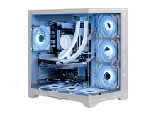 Charger l&#39;image dans la galerie, Boîtier d&#39;ordinateur blanc avec ventilateurs LED bleus et composants. Un panneau latéral transparent révèle les pièces internes.
