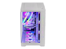 Charger l&#39;image dans la galerie, Un boîtier d&#39;ordinateur blanc avec un panneau latéral en verre. À l&#39;intérieur se trouvent des ventilateurs lumineux, un refroidisseur liquide et divers composants, avec des lumières arc-en-ciel.
