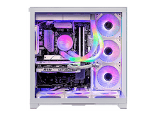 Charger l&#39;image dans la galerie, Un boîtier PC blanc avec des composants, dont une carte mère, une carte graphique, des ventilateurs avec lumières RGB et un refroidisseur liquide.

