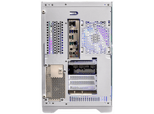 Charger l&#39;image dans la galerie, Panneau arrière d&#39;un boîtier d&#39;ordinateur. Il comporte plusieurs ports et évents, avec un interrupteur d&#39;alimentation. Des lumières colorées brillent à travers les évents.
