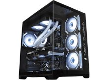 Charger l&#39;image dans la galerie, Un boîtier PC avec des panneaux transparents. À l&#39;intérieur se trouvent une carte graphique, un refroidisseur de CPU et des ventilateurs avec des lumières blanches.
